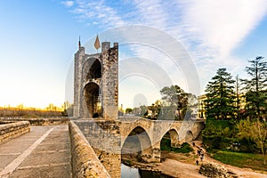 Magnificent medieval Besalu bridge and its towers, in Catalonia, Spain