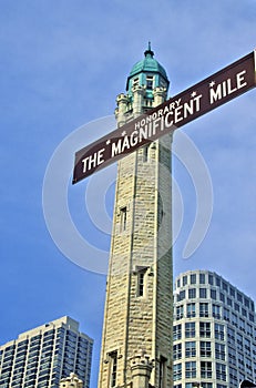 The Magnificent Mile Sign with the Water Tower, Chicago, Illinois photo