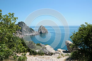 The magnificent nature of the rocky beaches. Beach scenery. Diva Mountain, Crimea, Ukraine