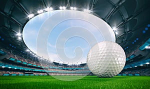 Magnificent outdoor stadium with a golf ball on the green lawn of the field with spectators on the stands.