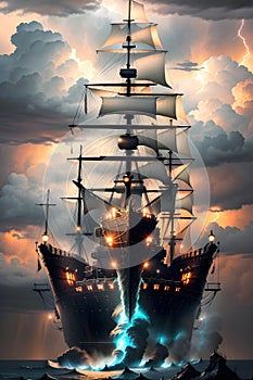 The Magnificent Panorama of a Large Sailboat in a Stormy Sunset over the Sea. AI generated