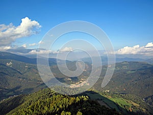 Magnificent panorama over the ridges and Tech Valley with medieval town Prats de Mollo from the Tower of Mir, Pyrenees-Orientales