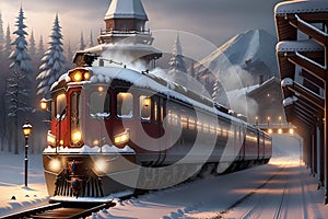 The Magnificent Panorama of a Red Train Approaching a Station in a Snowy Forested Terrain, Set against Majestic Mountains. AI