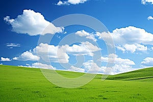Magnificent panoramic view of vast green fields under a serene and captivating blue sky