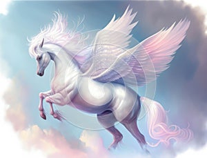 A magnificent Pegasus soared through the clouds its mane and tail glistening in the sunlight. Cute creature. AI