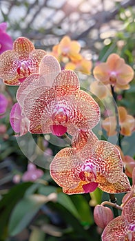 Magnificent pink orchids Phalaenopsis Baldan\'s Kaleidoscope in full bloom, with intricate petals and vibrant hues