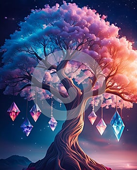A magnificent tree, its branches reaching skyward, adorned with shimmering colorful crystals photo