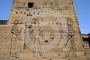 Magnificent reliefs and hieroglyps on the second pylon at the Temple of Isis at Philae (Agilqiyya Island) in Egypt.