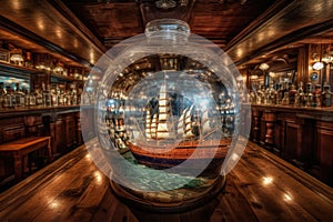 The magnificent ship inside of a bottle takes center stage in this stunning