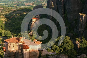 Magnificent spring landscape.The Monastery of Rousanou or St. Barbara Monastery and the Monastery of St. Nicholas at Meteora