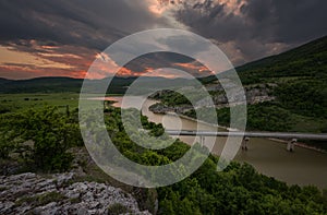 Magnificent spring sunset. Panoramic view of the rock phenomenon Wonderful rocks Bulgaria