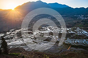 The magnificent sunrise landscape of Yuanyang terraced fields