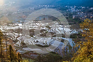 The magnificent sunrise landscape of Yuanyang terraced fields