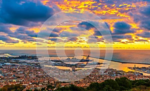 Magnificent sunrise over the city of SÃ¨te seen from Mont Saint-Clair.