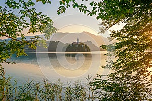 Magnificent sunrise over Lake Bled, Slovenia at summer morning