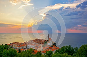 Magnificent sunset over old town of Piran, Slovenia