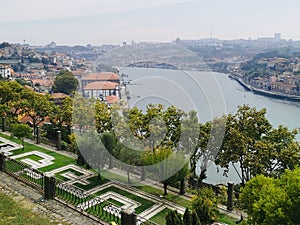 Magnificent sunset over the Porto city center and the Douro river, Portugal. Panorama of beautiful Porto town, Portugal travel and