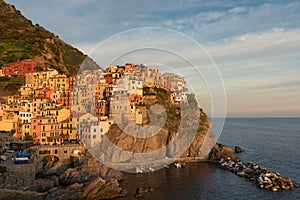 Magnificent sunset view of the Manarola village. Manarola is one of the five famous villages in Cinque Terre Five lands