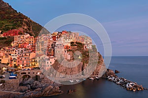 Magnificent sunset view of the Manarola village. Manarola is one of the five famous villages in Cinque Terre Five lands