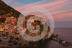 Magnificent sunset view of the Manarola village. Manarola is one of the five famous villages in Cinque Terre Five lands