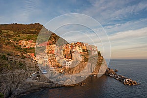 Magnificent sunset view of the Manarola village. Manarola is one of the five famous villages in Cinque Terre Five lands National