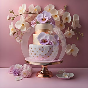 a magnificent three-tiered cake, resplendent with dainty lila flowers, a symbol of luxury and refinement. photo