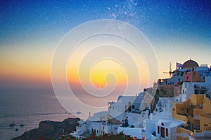 Magnificent view of the city of Oia on the island of Santorini Greece during a beautiful sunset in the Mediterranean. Love and tra