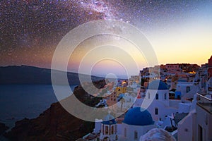 Magnificent view of the city of Oia on the island of Santorini Greece during a beautiful sunset in the Mediterranean. Love and tra