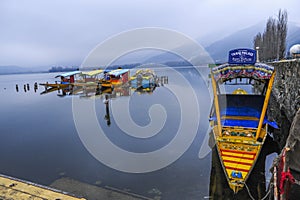 A magnificent view of Kashmir near the lake at Srinagar.A people here using a colourfull boat to attract a visitor