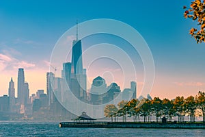 a magnificent view of Lower Manhattan and the financial district at sunset, New York City