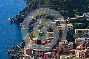 Magnificent daily view of the Manarola village in a sunny summer day. Manarola is one of the five famous villages in Cinque Terre