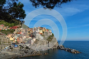 Magnificent daily view of the Manarola village in a sunny summer day. Manarola is one of the five famous villages in Cinque Terre