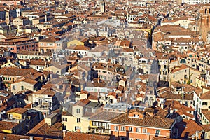 View of the roofs of Venice from the top of the San Marco Campanile in Venice, Italy