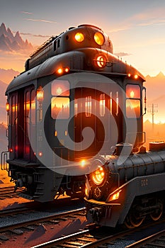 The Magnificent View of Small Locomotives at the Foot of the Mountains in the Spectacular Sky of Sunset. AI generated