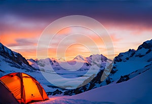 Magnificent view of the snowy mountain sunset camping with tent. Generative AI