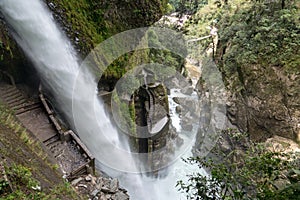 Magnificent waterfall called Pailon del Diablo Devil`s Cauldron in Banos, Ecuador