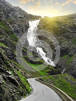 Magnificent waterfall on the Road of Trolls, Norway