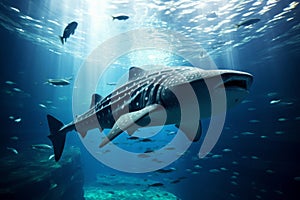 A magnificent whale shark swimming in a massive tank