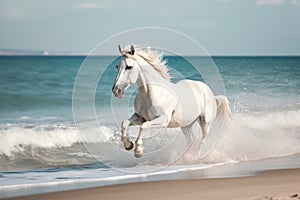 Magnificent white horse galloping freely on the beach. This artwork embodies the essence of grace, power, and untamed spirit. Ai