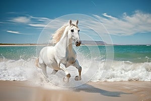 Magnificent white horse galloping freely on the beach. This artwork embodies the essence of grace, power, and untamed spirit. Ai