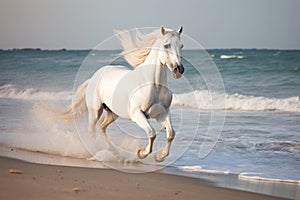 Magnificent white horse galloping freely on the beach. This artwork embodies the essence of grace, power, and untamed spirit. Ai