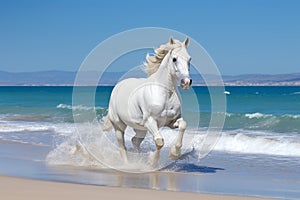 Magnificent white horse galloping freely on the beach. This artwork embodies the essence of grace, power, and untamed spirit. Ai