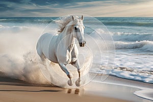 Magnificent white horse galloping freely on the beach. This artwork embodies the essence of grace, power, and untamed spirit. Ai