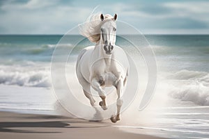 Magnificent white horse galloping freely on the beach. This artwork embodies the essence of grace, power, and untamed spirit. Ai