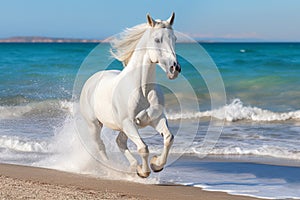 Magnificent white horse galloping freely on the beach. This artwork embodies the essence of grace, power, and untamed spirit. Ai