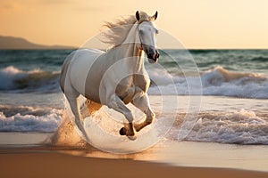 Magnificent white horse galloping freely on the beach. This artwork embodies the essence of grace, power, and untamed spirit. Ai