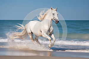 Magnificent white horse galloping freely on the beach. This artwork embodies the essence of grace, power, and untamed spirit. Ai