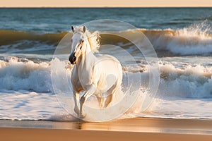 Magnificent white horse galloping freely on the beach. This artwork embodies the essence of grace, power, and untamed spirit. Ai