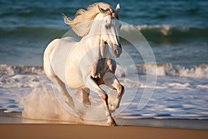 Magnificent white horse galloping freely on the beach. This artwork embodies the essence of grace, power, and untamed spirit. Ai