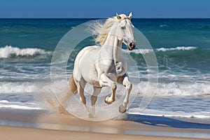 Magnificent white horse galloping freely on the beach. This artwork embodies the essence of grace, power, and untamed spirit. Ai